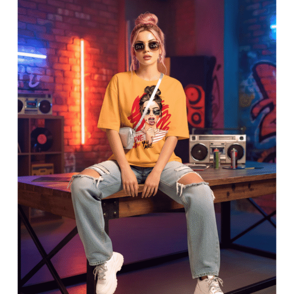 14 Butterfly printed 220 GSM Yellow Heavyweight Cotton Oversized Tee for Women – Fashion Meets Comfort - Image 1