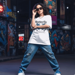 Butterfly printed 220 GSM White Heavyweight Cotton Oversized Tee for Women – Fashion Meets Comfort