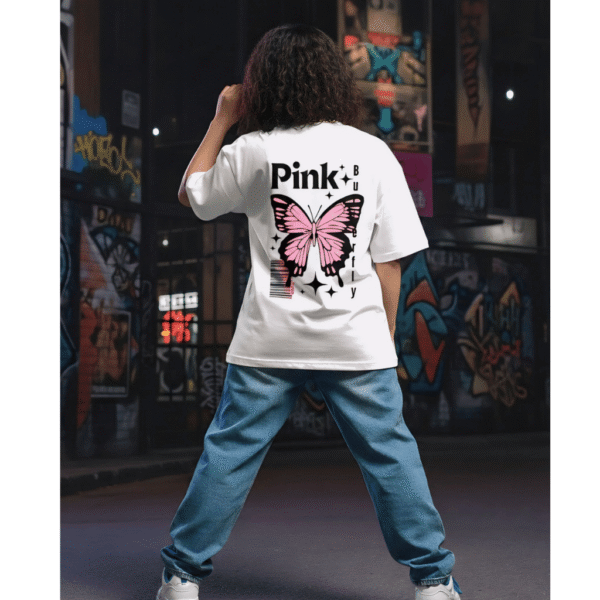 Butterfly printed 220 GSM White Heavyweight Cotton Oversized Tee for Women – Fashion Meets Comfort - Image 3