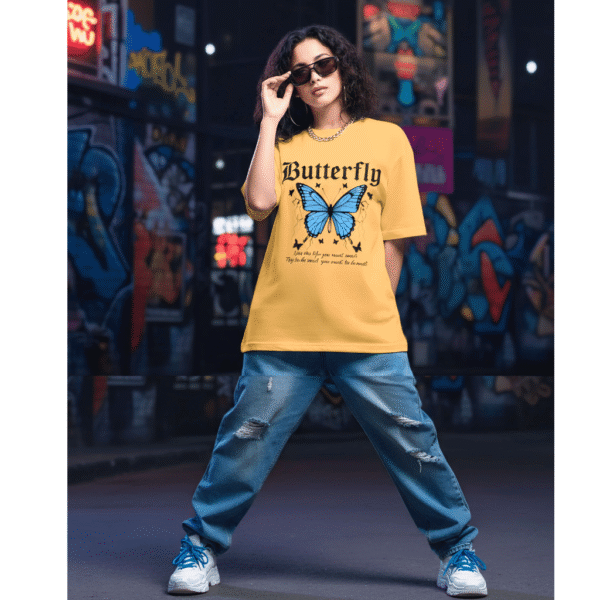 Butterfly printed 220 GSM Yellow Heavyweight Cotton Oversized Tee for Women – Fashion Meets Comfort - Image 1