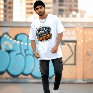 Stay Authentic stay fantastic printed Premium Oversized T-Shirt for Men (White | 280 GSM | 100% Cotton)