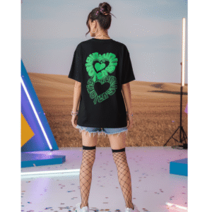 Heart printed Orryxa Women's Oversized T-Shirt for Women (Black | Cotton | 240 GSM)