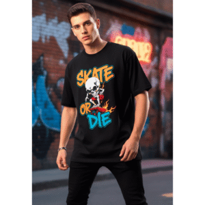 Skate or die horror printed Premium Oversized T-Shirt for Men (Black | 280 GSM | 100% Cotton)