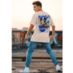NASA printed Orryxa Premium Oversized T-Shirt for Men (Cream Beige | 280 GSM | 100% Cotton)