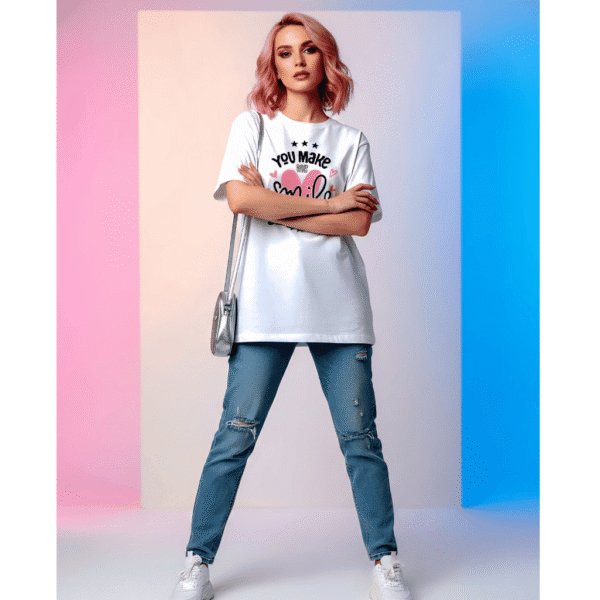 You make smile 220 GSM White Heavyweight Cotton Oversized Tee for Women – Fashion Meets Comfort - Image 2