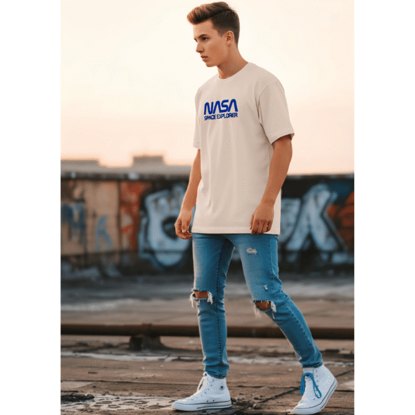 NASA printed Orryxa Premium Oversized T-Shirt for Men (Cream Beige | 280 GSM | 100% Cotton) - Image 3