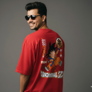 Dragon Ball Z Back Print T-Shirt – Red 240 GSM French Terry Cotton, Premium Oversized Streetwear Tee