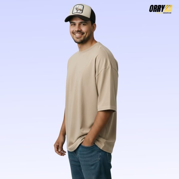 Ochre or Mustard Yellow Beige Plain French Terry 240 GSM Oversized T-Shirt | Premium Bio-Wash Cotton - Image 1