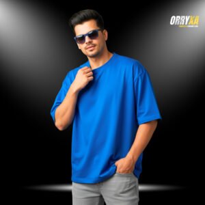 280 GSM French Terry Lycra Cotton Premium Blue Oversized Dropshoulder T-Shirt | Bio-Washed Plain Tee
