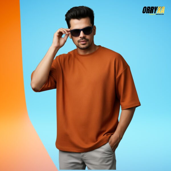 dark suffron 280gsm French Terry Lycra Cotton Premium Dark Saffron Oversized Dropshoulder T-Shirt | Bio-Washed Plain Tee - Image 1