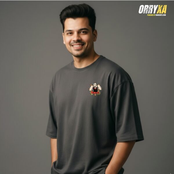 Popeye Back Print T-Shirt – 240 GSM French Terry Cotton | Red & Gray Oversized Streetwear Tee - Image 2