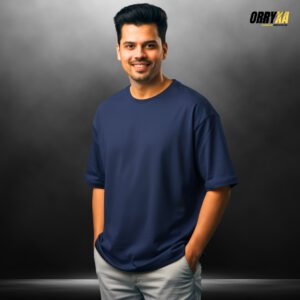French Terry Premium Navy Blue Oversized Dropshoulder T-Shirt – 280 GSM Lycra Cotton | Bio-Washed Plain Tee