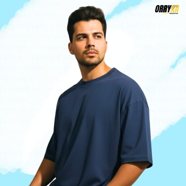 navyyyyyyyyyy Navy Blue Plain French Terry 240 GSM Oversized T-Shirt | Premium Bio-Wash Cotton - Image 1