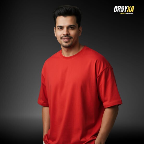 red Premium Red Oversized Dropshoulder T-Shirt – 280 GSM French Terry Lycra Cotton | Bio-Washed Plain Tee - Image 1