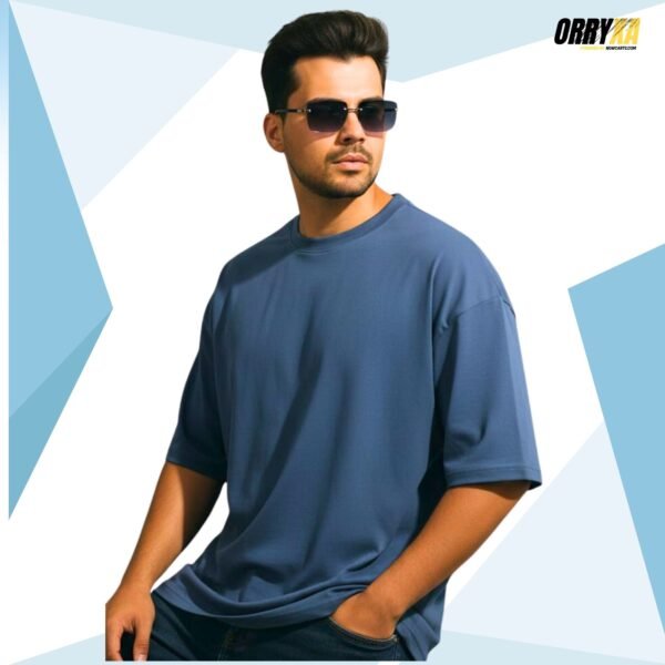 state blueeeeeeee Slate Blue Plain French Terry 240 GSM Oversized T-Shirt | Premium Bio-Wash Cotton - Image 1